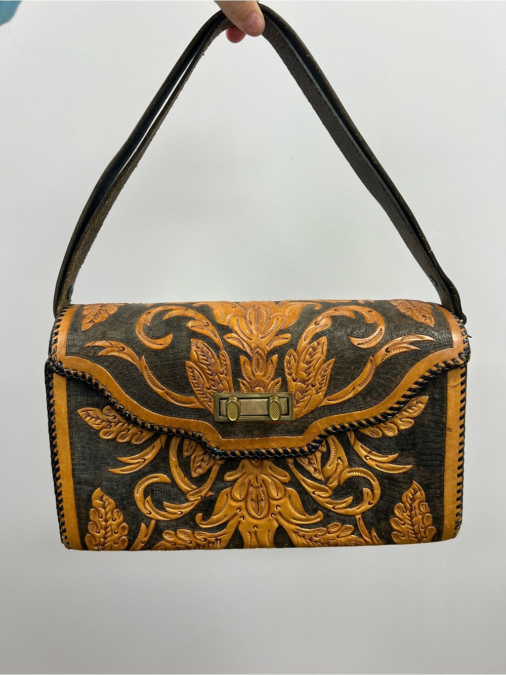 Vintage Hand-Tooled Unique Leather Shoulder Bag in Brown and Tan